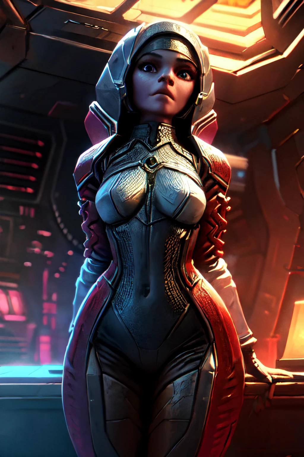 Intricate, futuristic space suit-clad rakkun girl in the interior of a ship, amidst the Mars features. 4K resolution, ultra-detailed rendering to capture every fine detail and texture. Professional photo-realistic quality with vivid colors and studio lighting.