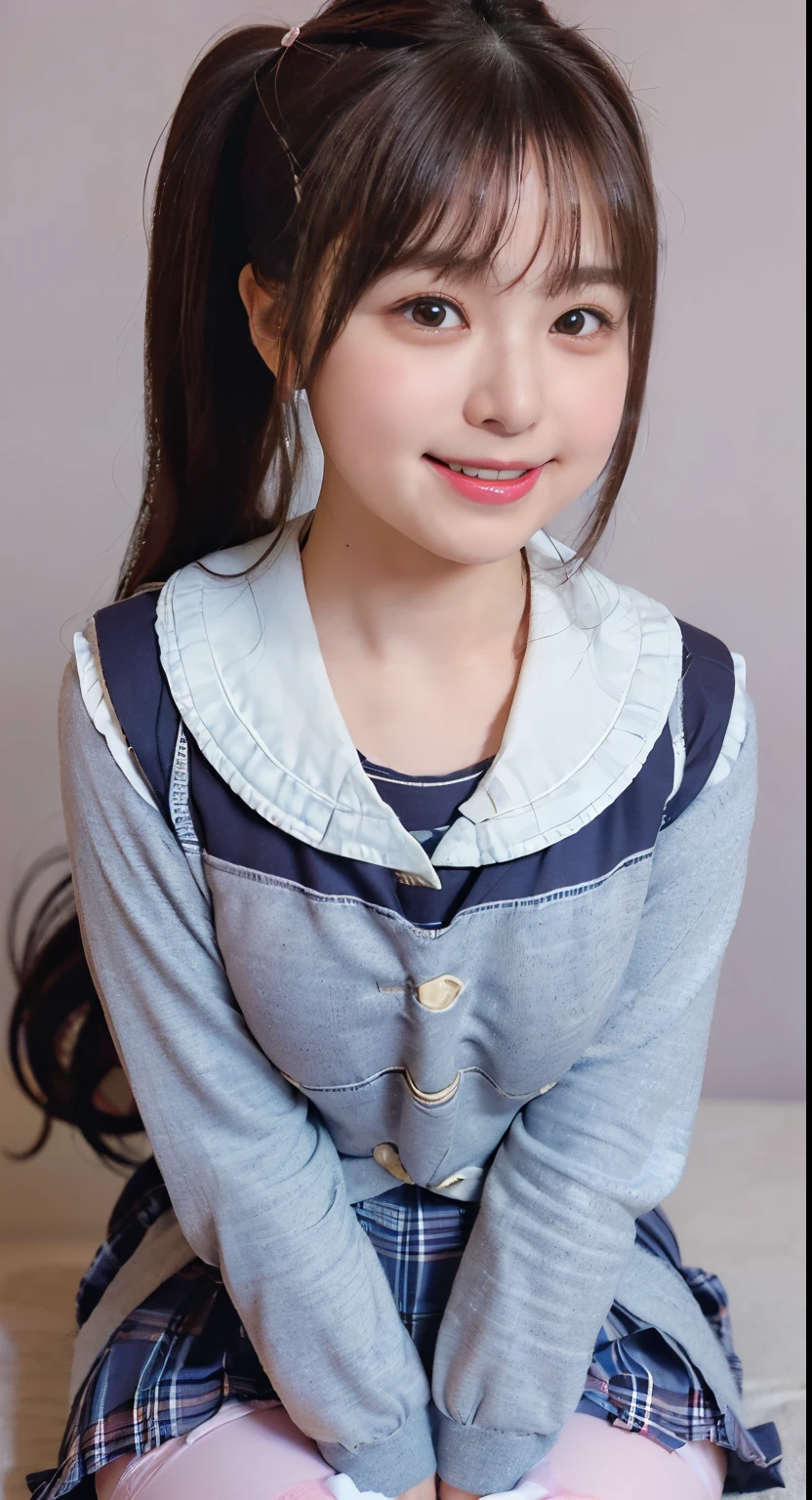 a closeup, masterpiece, top-quality, FULL ANATOMY、Raw foto, Photorealsitic、(Cute little face:1.7)、(Very cute smile:1.7)、(with round face:1.9)、(She looks like an idol and is cute:1.7), (A dark-haired)、(cute school uniform:1.7), depth of fields, hight resolution, ultra-detailliert, finely detail, ighly detailed, extremely detailed eye and face, Realistic pupils, foco nítido, Cinematic lighting、18-year-old woman、(One lady、Only one person、独奏、without background:1.7)、 (poneyTail、curlyhair:1.4)、Very detailed 8k wallpaper、Show me your whole body、Looking at the camera、(Too short plaid pleated skirt、I can see the white panties、Plump panties、Lift the hem of the skirt with both hands、Showing her panties to the camera:1.7)、(Brown long boots:1.4)、Angle from below、(Thigh close-up:1.6)、(Nice figure、big breasts thin waist)、(Clothes with emphasized chest bulge、Colossal tits:1.7)、Background depth of field
