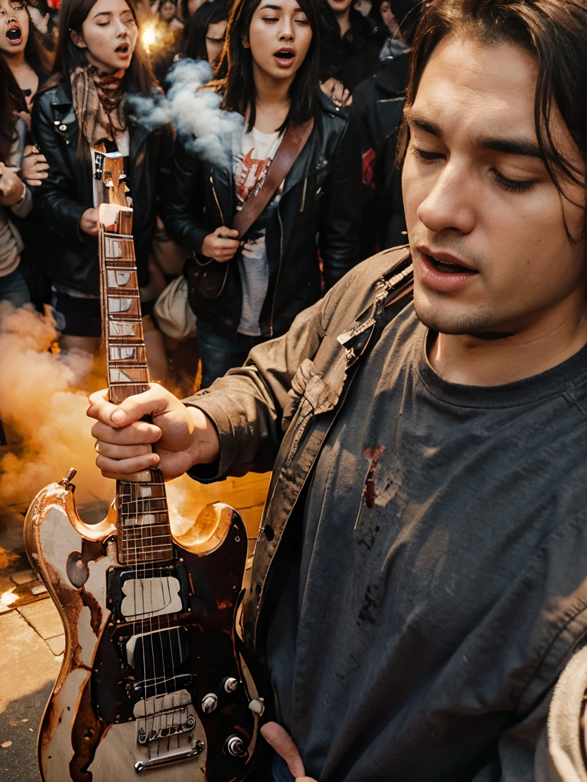 A decayed zombie biting a person, in a cemetery with a guitar and a t-shirt that says "Guitar Warrior" Green color