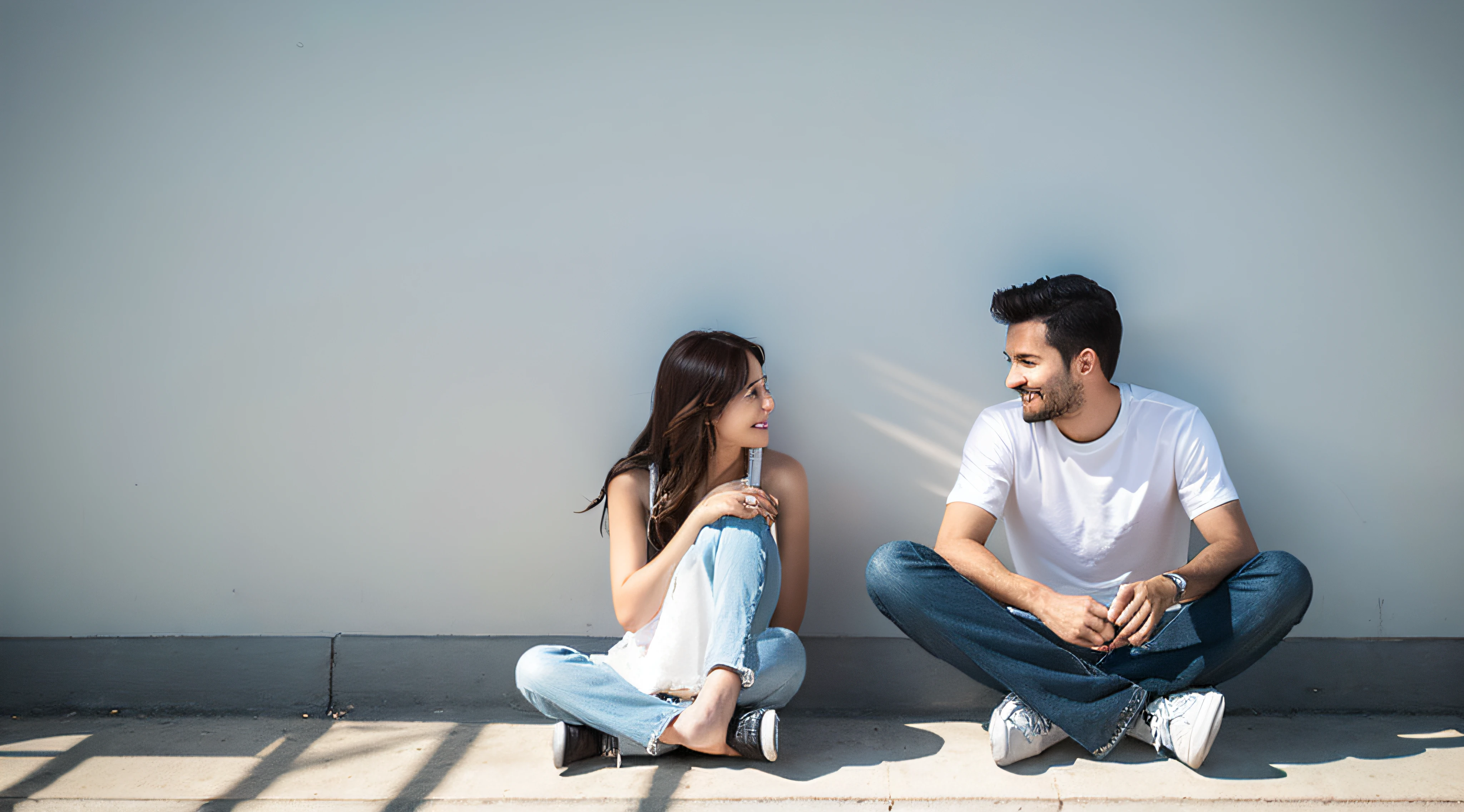 white walls A man and a woman sitting and looking at each other