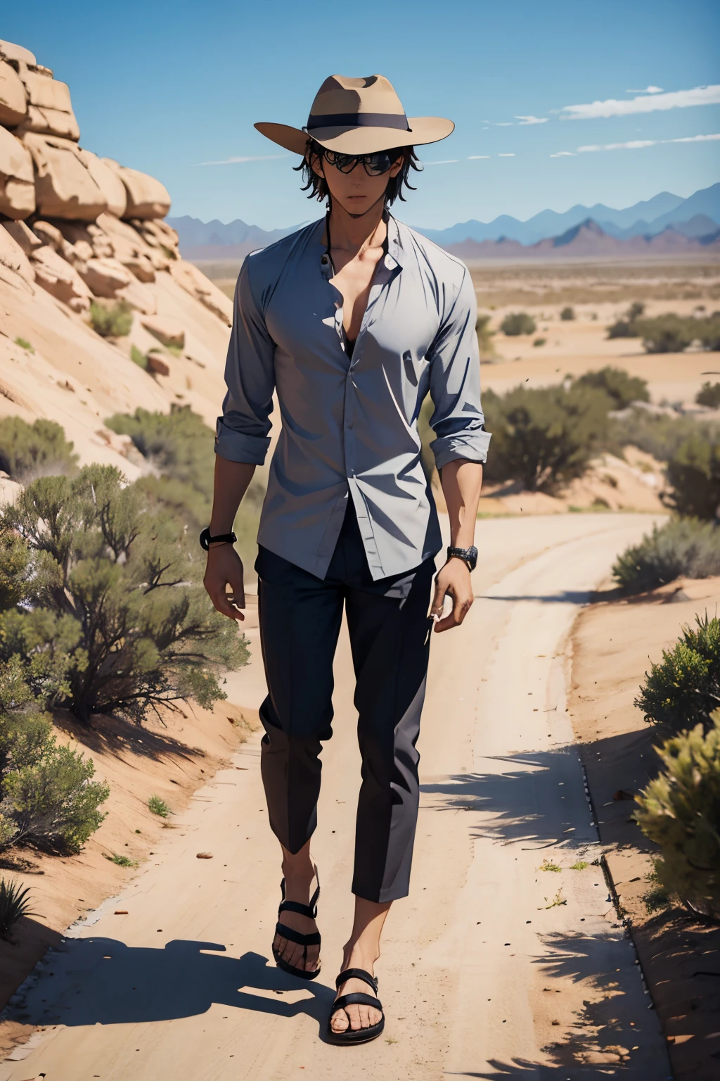 anime man, gray shirt, modern panama hat, desert