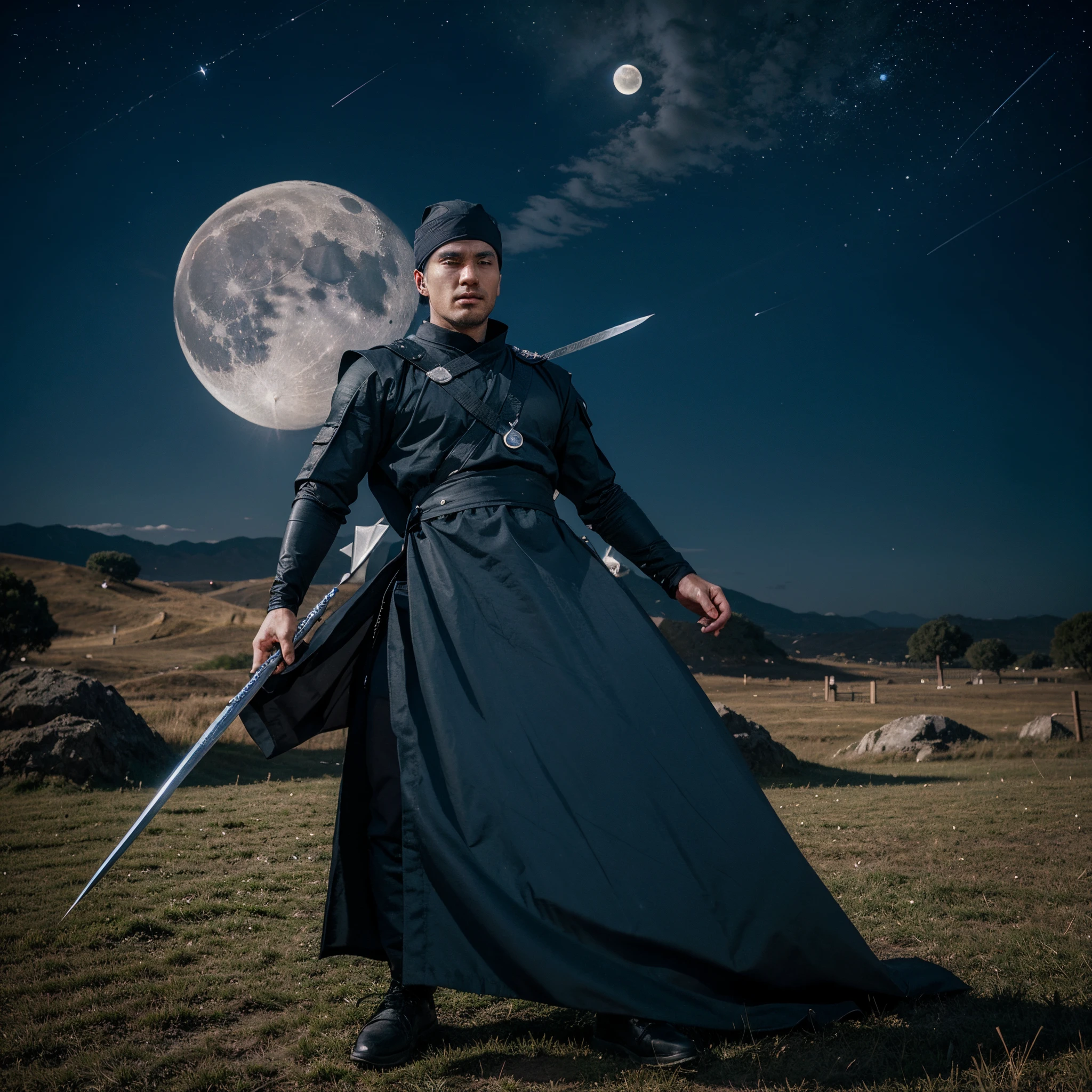 A man in ninja dress with sward Looking after moon which is big size, stars,dark blue sky,at nignt