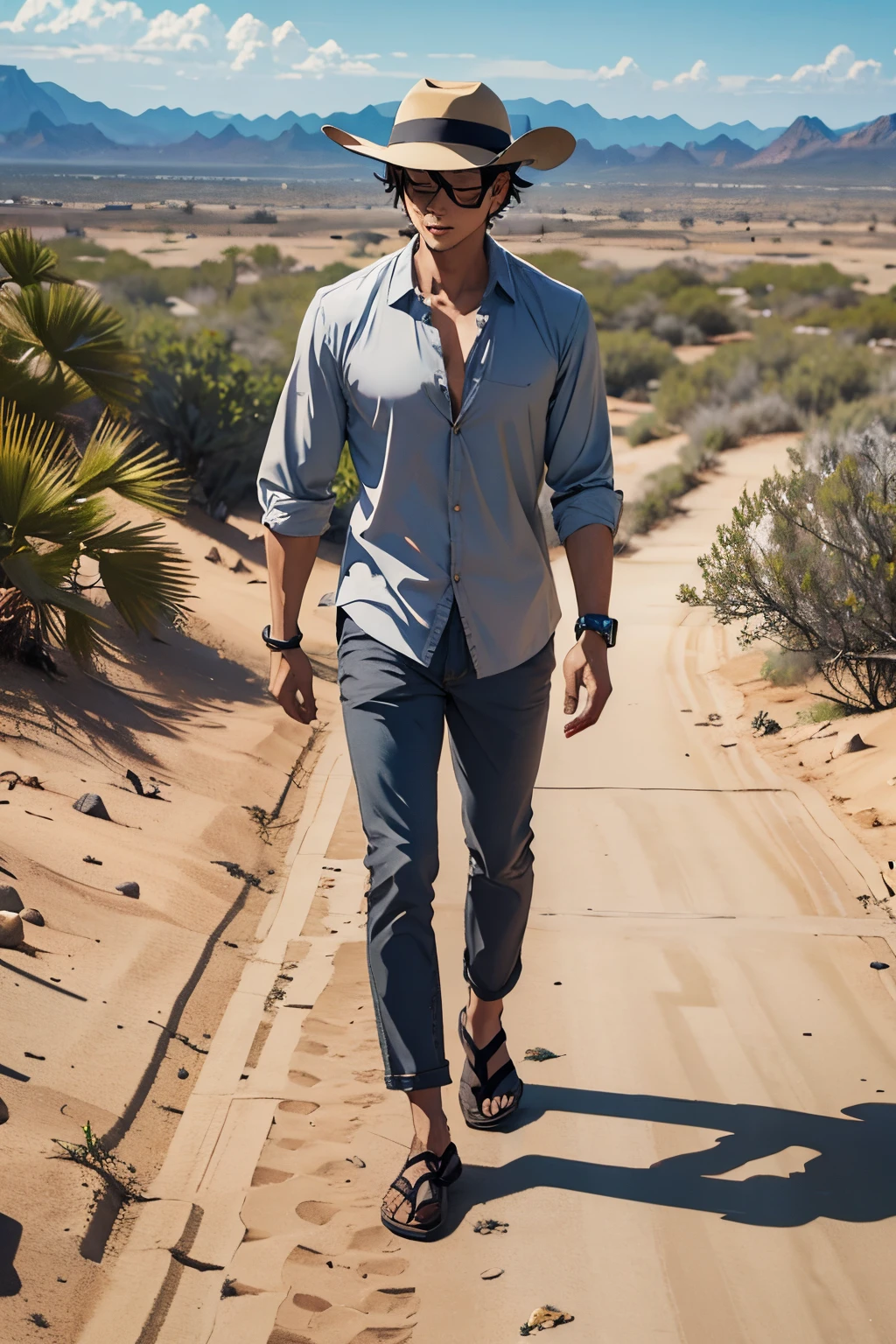 anime man, gray shirt, modern panama hat, desert