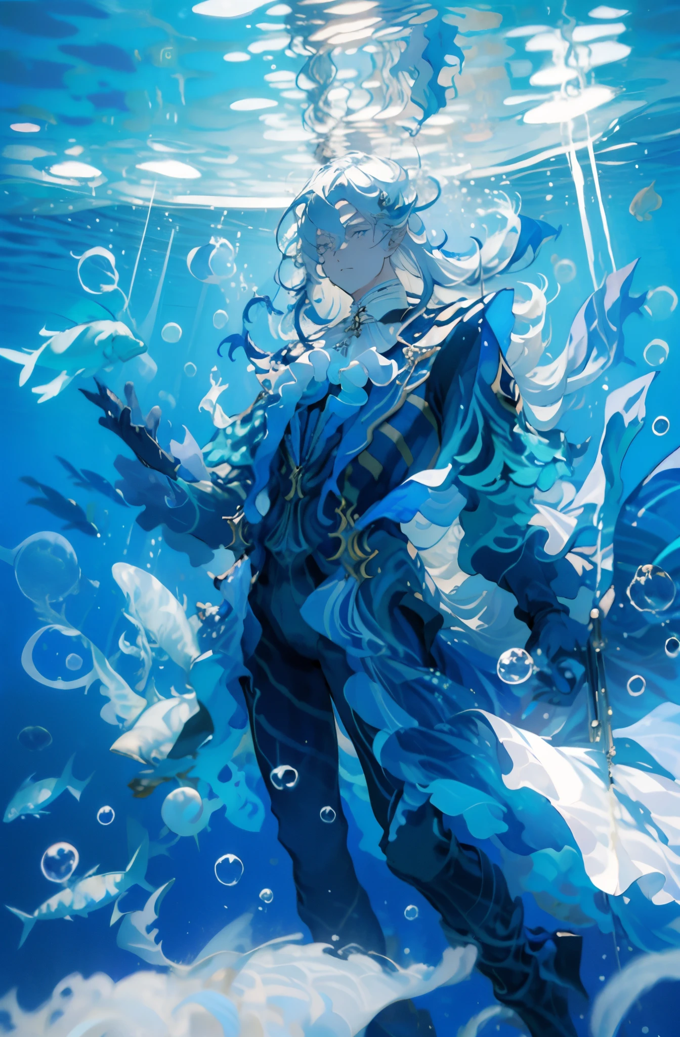 1  mature man colo, long white hair with blue streaks, blue clothes, calm, floating underwater, ((fullbody)) ((dynamic pose))