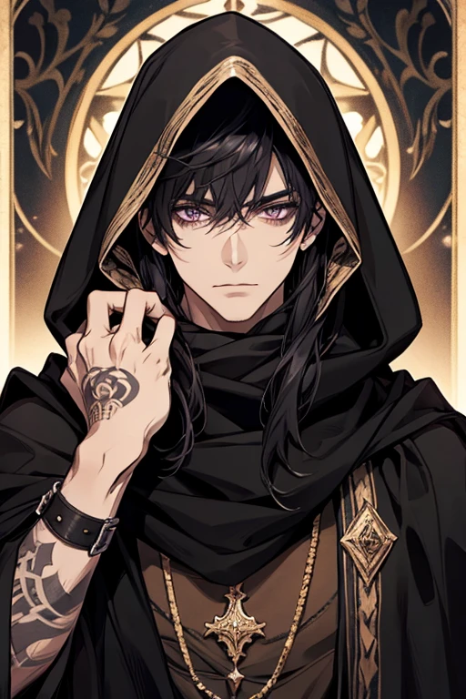 male people, straight bangs, black hair color hair, Purple-gray eyes, Nice face, Handsome, tattoo , black hooded scarf, Wear a hood，Rogue Mage, medieval timeorgar ，