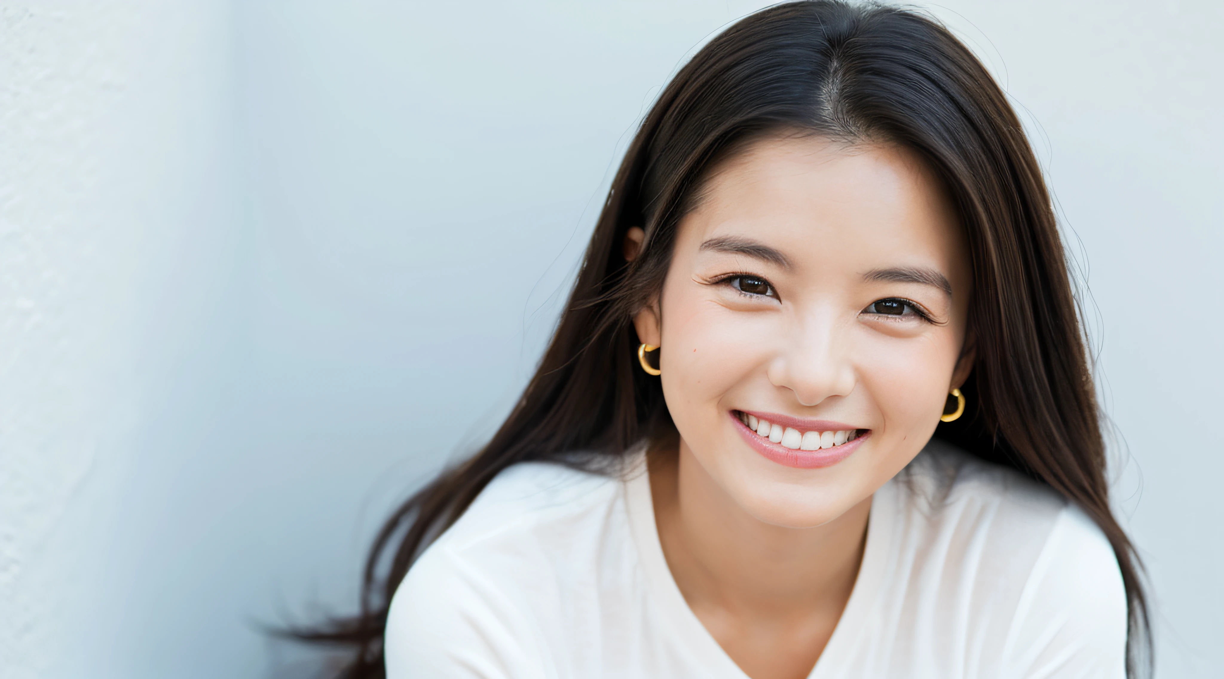 white walls　woman sitting and smiling