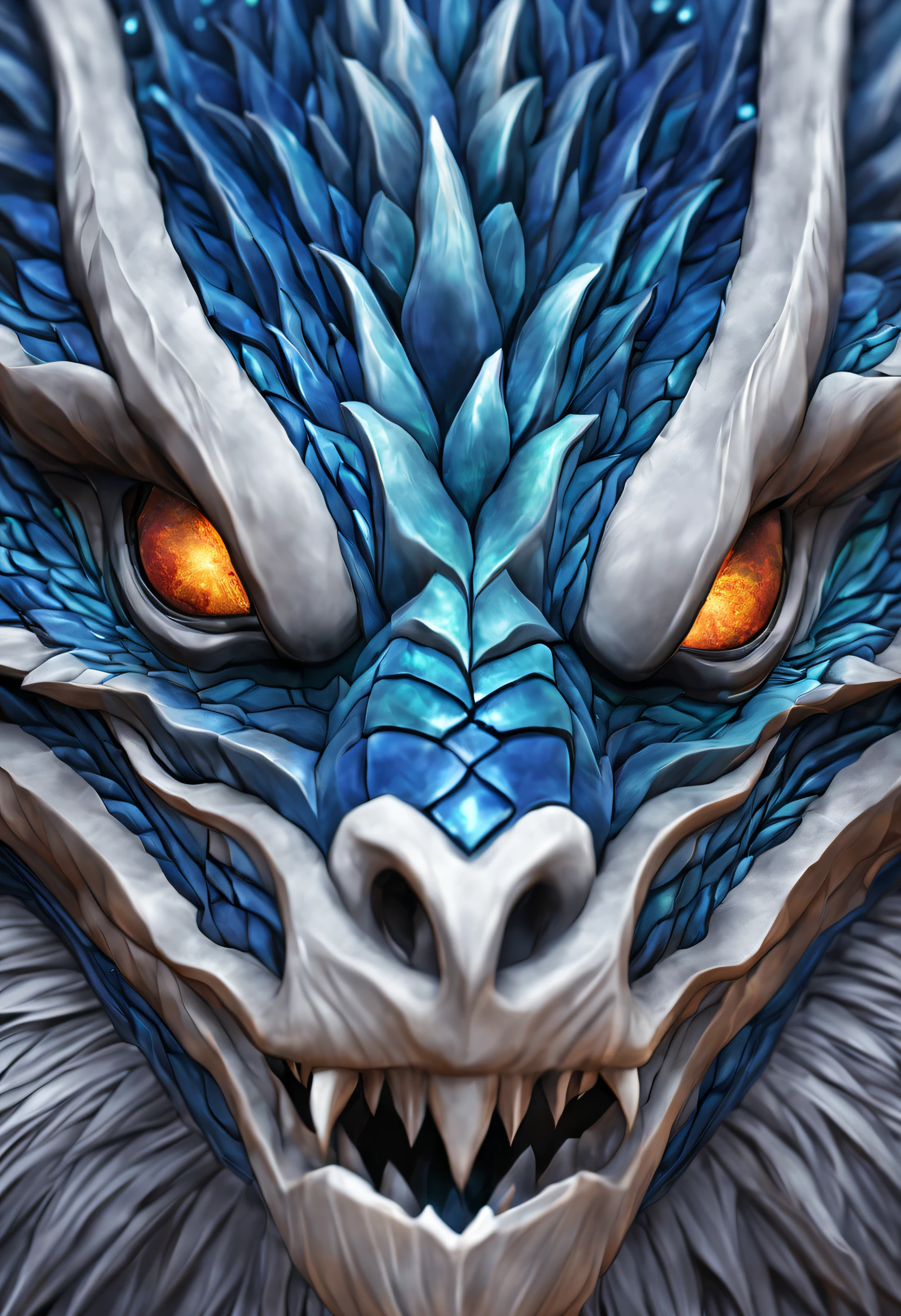 a close-up of the head of a magnificent, very detailed dragon, its scales are like multi-colored glass. Her eyes are gorgeous and textured
