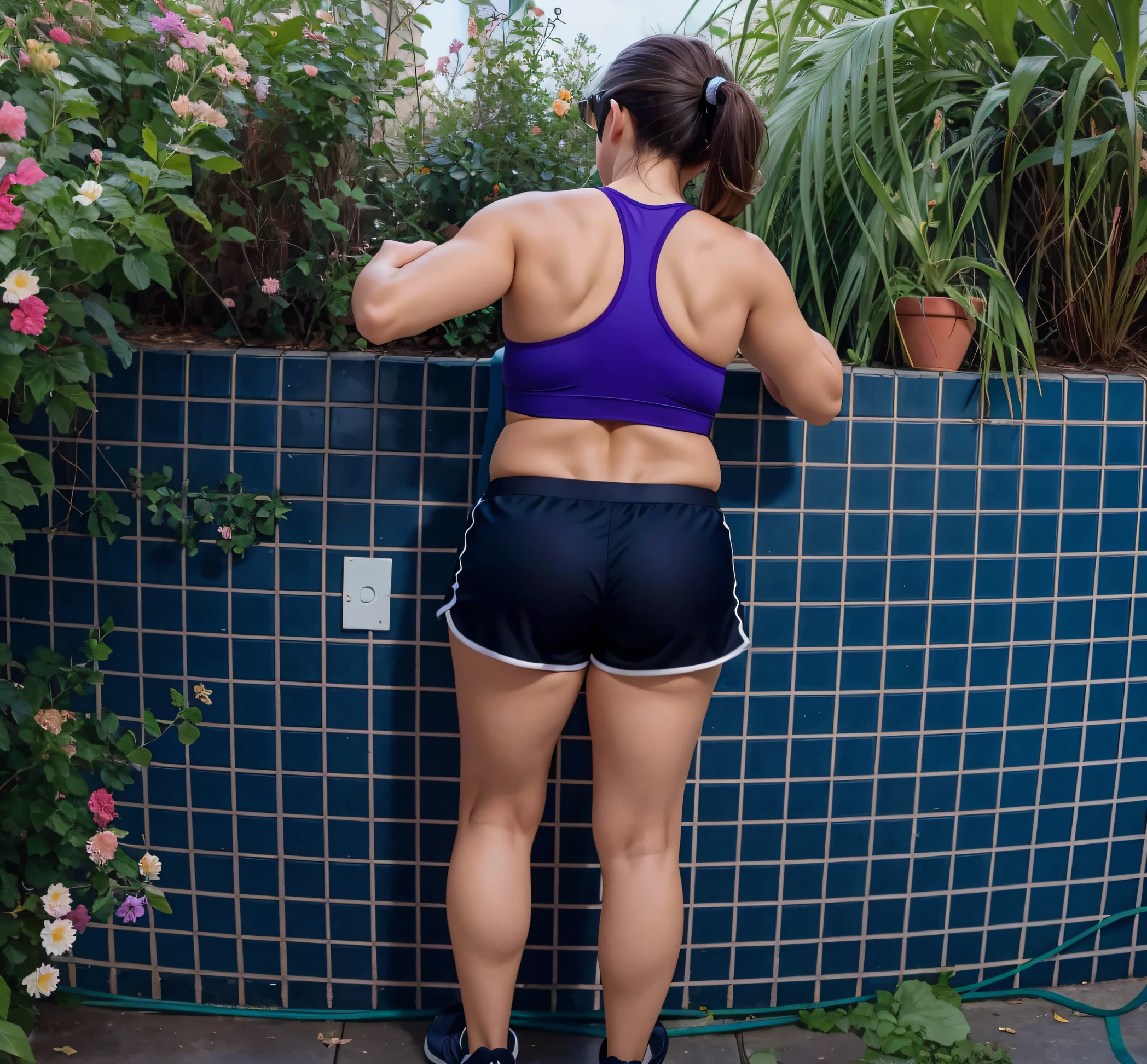 there is a woman in a purple blouse and black shorts standing near a wall, sport bra and dark blue shorts, Costas - Pneu, agachado ao lado de uma piscina, sport bra and shorts, seen from back, Backview, Tiroteio costeiro, tiro nas costas, regata preta apertada e shorts, Bermuda, back pose, tiro pelas costas, Photo adjustment