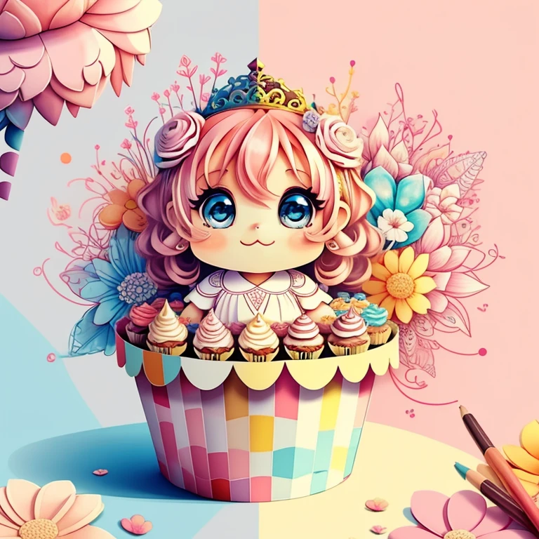 (cute box with cupcakes and flowers) Munchkin, Geometric multidimensional wall portrait, livro de arte, Tchibi,
Yang08k, Beautiful, Colouring,
Obras, of the highest quality, best quality, Arte Oficial, Beautiful and Aesthetic,