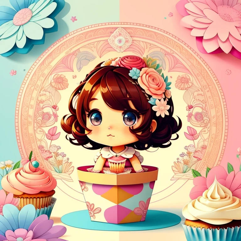 (cute box with cupcakes and flowers) Munchkin, Geometric multidimensional wall portrait, livro de arte, Tchibi,
Yang08k, Beautiful, Colouring,
Obras, of the highest quality, best quality, Arte Oficial, Beautiful and Aesthetic,