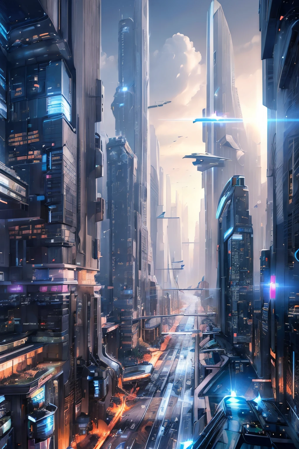 (Hyper Realistic, hyper futuristic:1.5) EdobSyFyCityLandscape, railing, futuristic landscape, walking, realistic, futuristic airplane and aircrafts, futuristic skyscrapers, holographic LED street lighting and signs, cinematic cityscape camera view