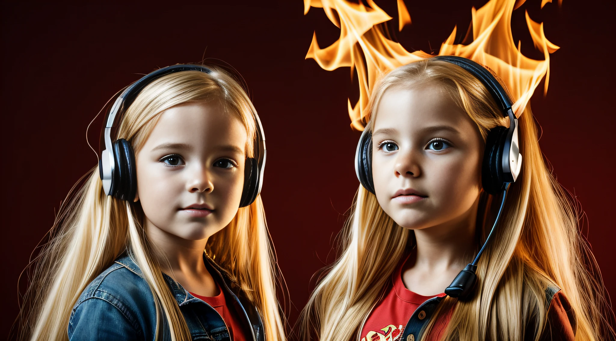 giant flowing hair , menina loira com cabelo de fogo com fones de ouvido e fogo ao fundo, fechar para cima. fundo vermelho.