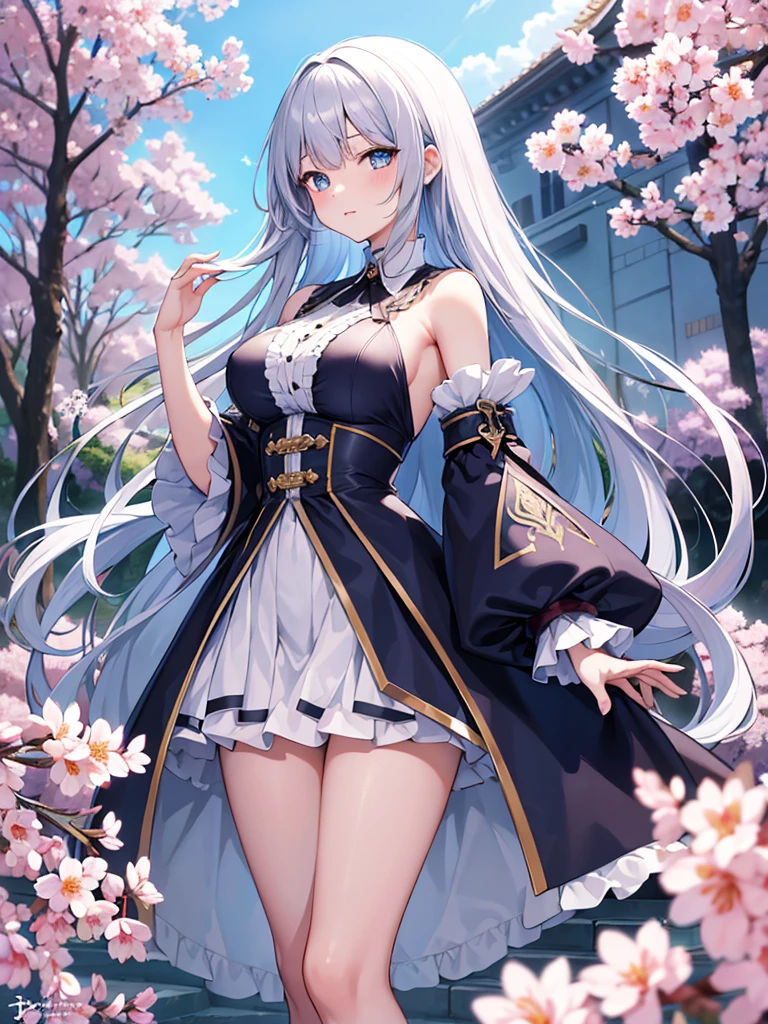 (tmasterpiece), Best quality at best, A high resolution, The very detailed, detailedbackground, perfect litthing, En plein air, 1个Giant Breast Girl, Sakura blossomlack long straight hair,blue color eyes,silver high heeleautifullegs,white colorull body like,face expressionless