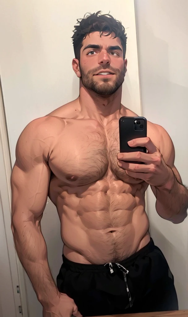 arafed man taking a selfie in a mirror with a cell phone, 30 year old man :: athletic, mid-shot of a hunky, hairy chest, hairy chest and hairy body, fit pic, 2 , 2 8 years old old, partially torso, 2 7 years old, bare chest
