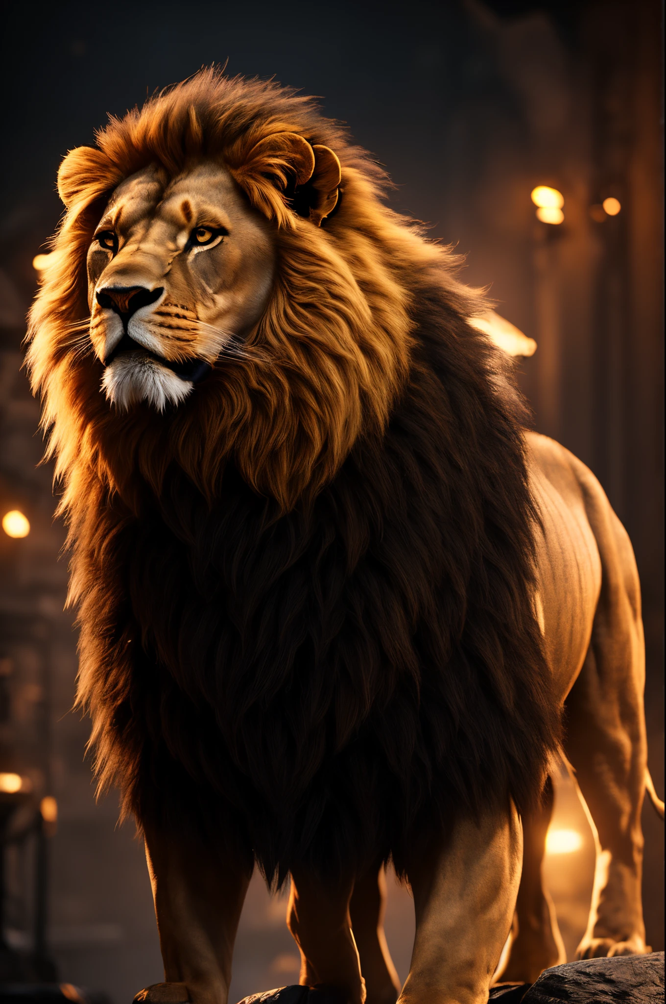 Lion on black background, very detailed, Cinematic lighting, Unreal Engine 5, Cinematic, Color Grading, Editorial Photography, Photography, Photoshoot