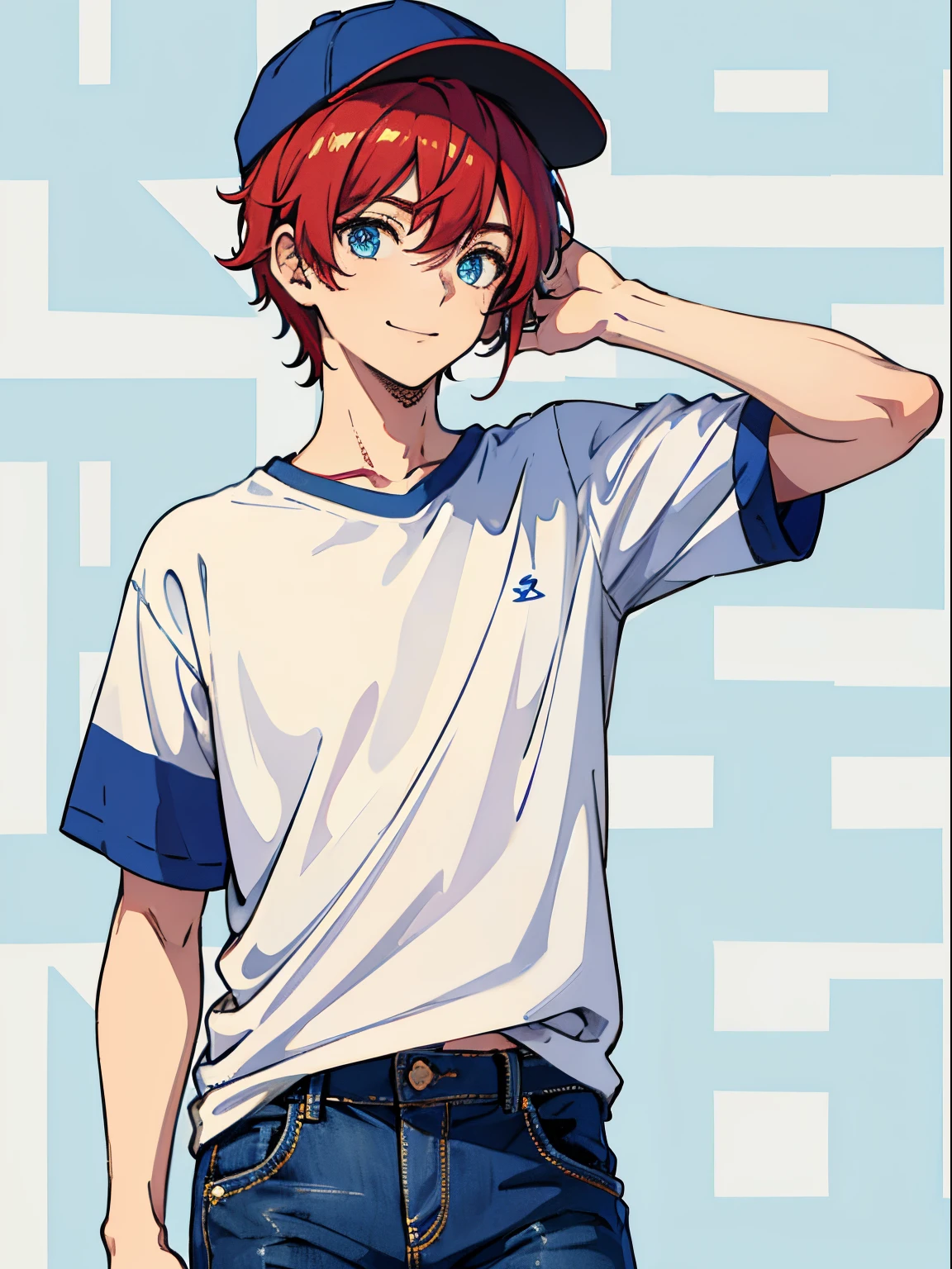 (masterpiece), best quality, expressive eyes, perfect face, ((1boy)), blue baseball cap, blue eyes BREAK sneakers, smile, white shirt BREAK red hair, BREAK torn jeans, upper body, checkered background