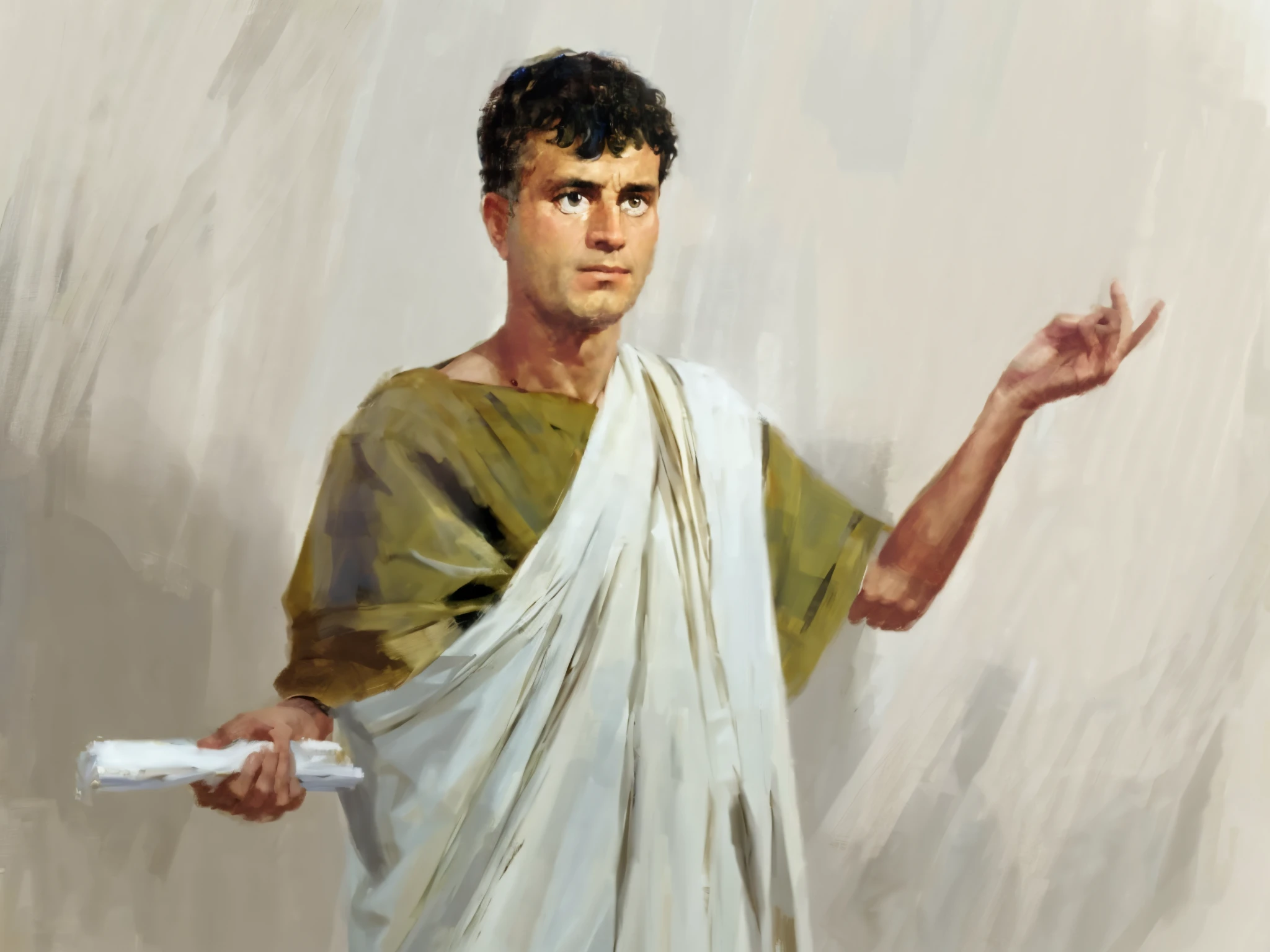 painting of a man in a white robe holding a white object, ancient rome man, sneering roman legioneer, inspired by Pogus Caesar, inspired by Roman Bezpalkiv, inspired by Pietro Testa, inspired by Augustus Dunbier, roman toga, inspired by Caesar Andrade Faini, inspired by Romano Vio