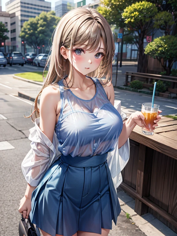 Pull up your hair and drink water a park see-through blue tank top Skirt pattern similar to Japanese clothes Fashion model style