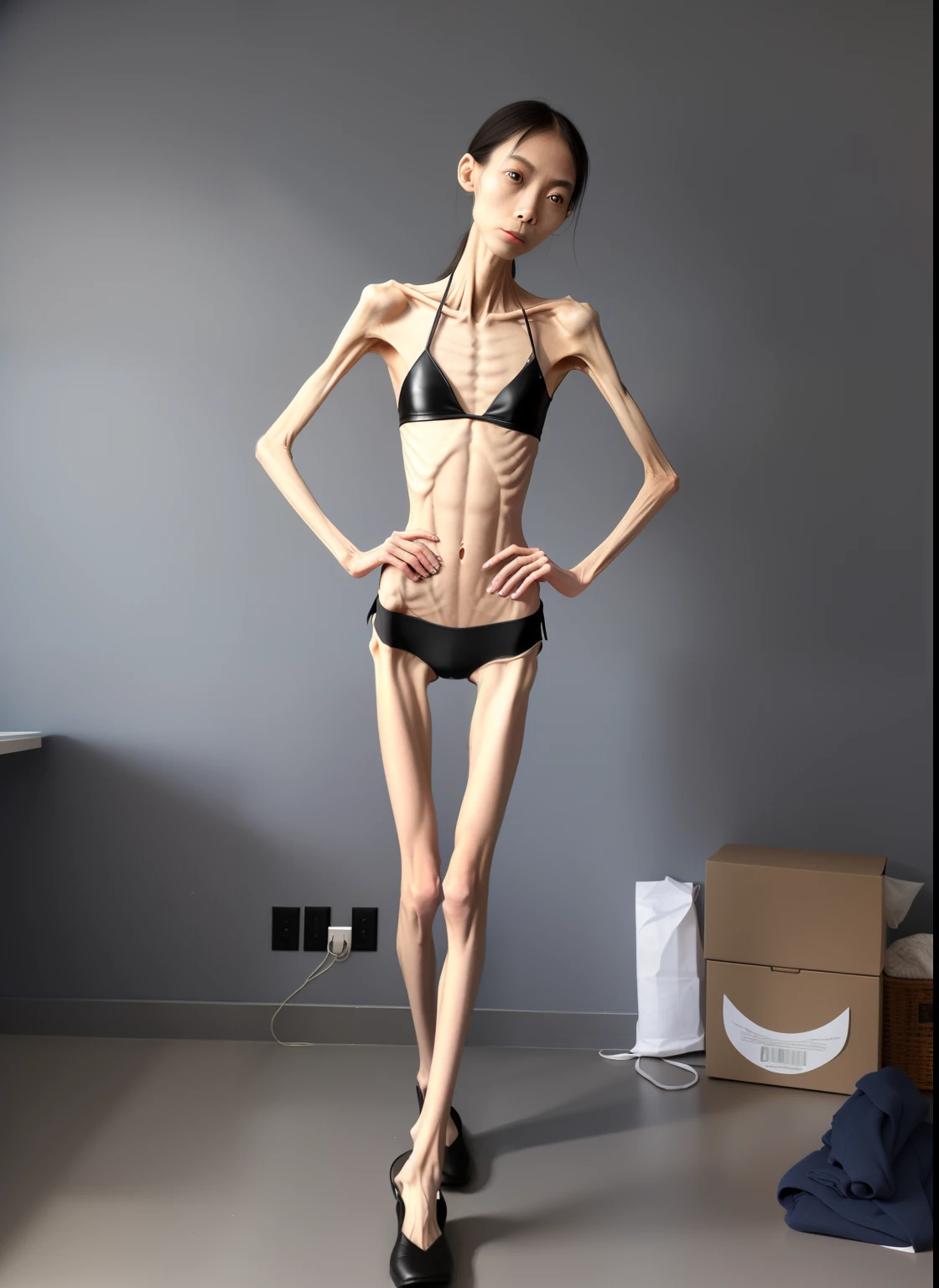 very thin woman,The body very thin,Protruding sternum,The sternum distinct,The waist very thin,The ribs are noticeable,Protruding ribs,The pelvic protrusion very obvious,Clear outline of pelvis,Protruding crotch,thin shoulde,The waist very thin,Sunken abdomen,Abdominal muscle atrophy,Delicate arms,arm muscle atrophy,Slender thighs,Knees are obviously protruding,Ankle bulges,The ankle bones are obvious,The leg bones are obvious,leg muscle atrophy,anorexia,Asia face,Wear tight leather,Wear slippers,Significant atrophy of dorsalis pedis muscles,Haggard expression,Excessive weight loss,Girl's face,Severe malnutrition,Body as thin as a skeleton