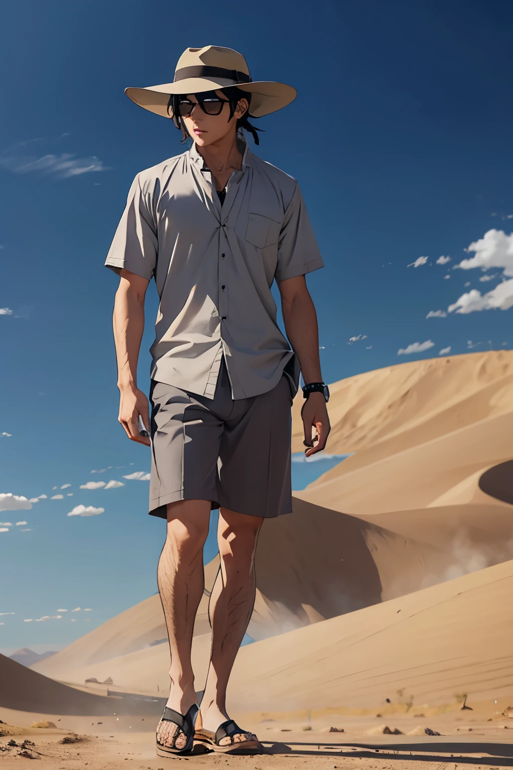anime man, gray shirt, modern fabric panama hat, desert, sandstorm