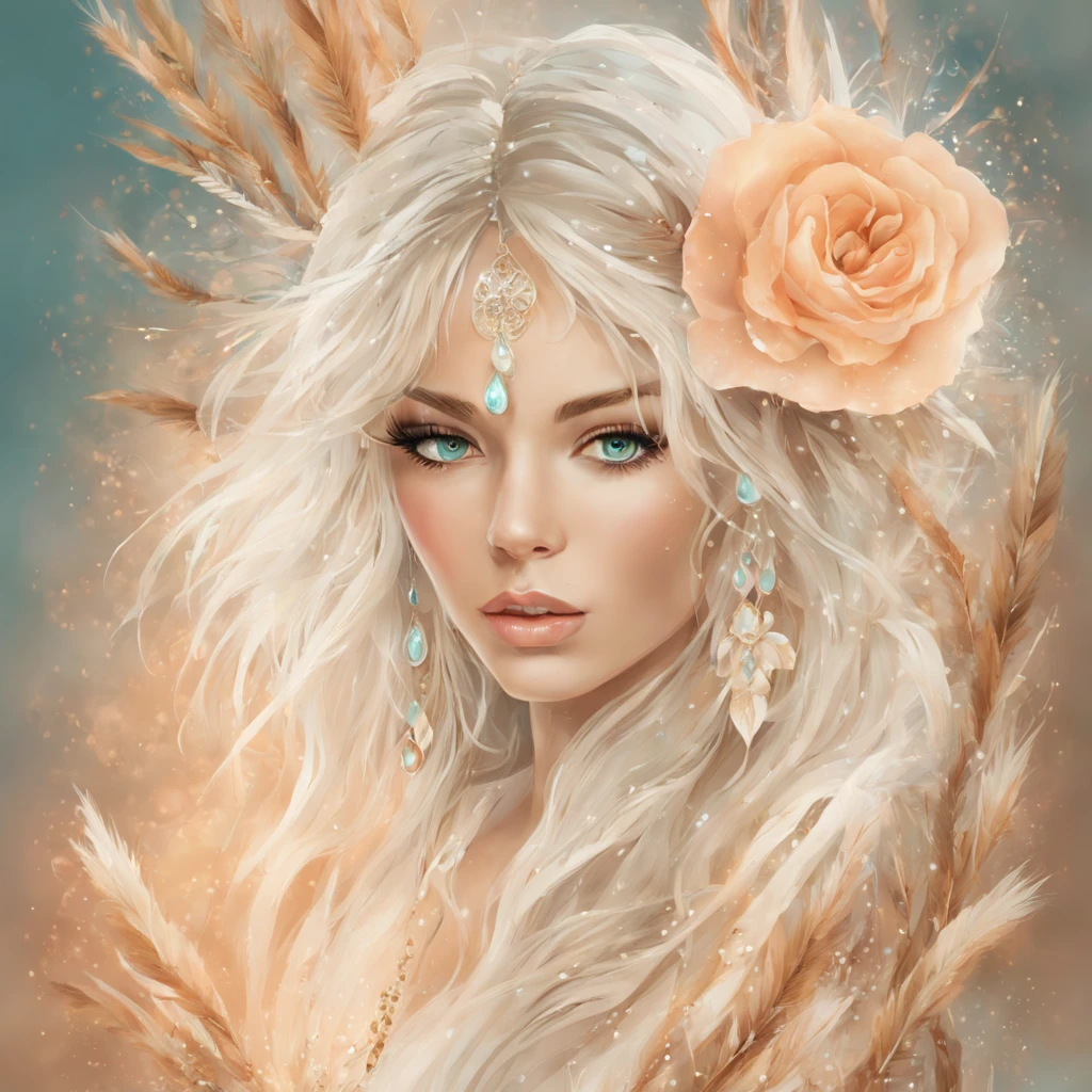 Beautiful hippie girl, boho chic, pampas grass, peach roses, abstract, floral, beautiful, bohemian, realistic, white, tiurquoise, golden threads, drops, swirls, sparks, octane, brightly, a closeup of a