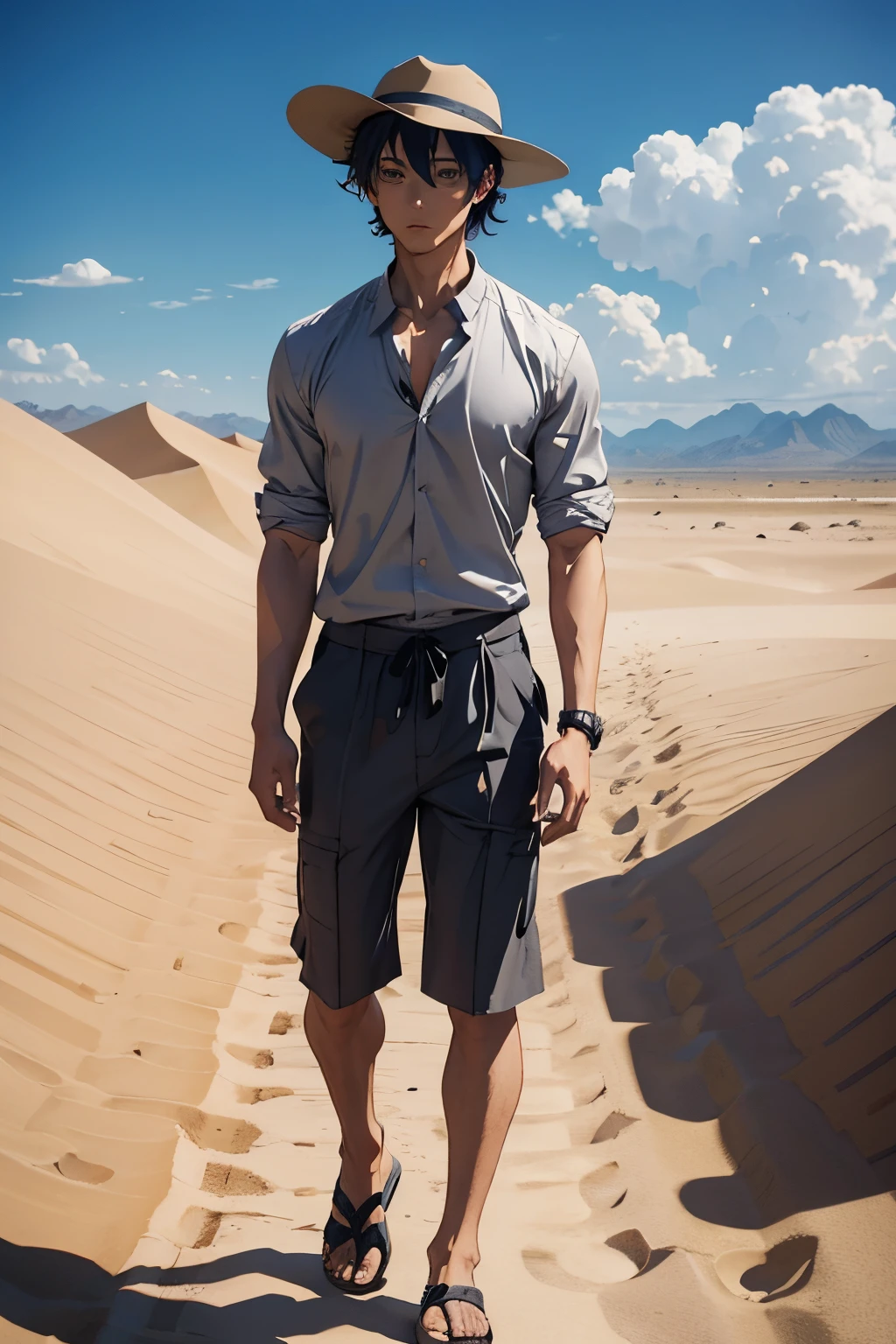 anime man, gray shirt, modern fabric panama hat, desert, sandstorm