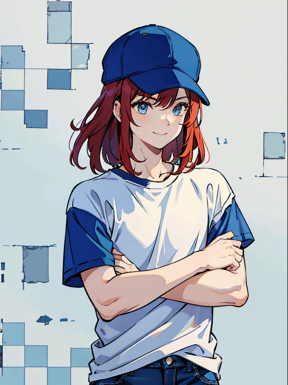 (masterpiece), best quality, expressive eyes, perfect face, ((1boy)), blue baseball cap, blue eyes BREAK sneakers, smile, white shirt BREAK red hair, BREAK torn jeans, upper body, checkered background