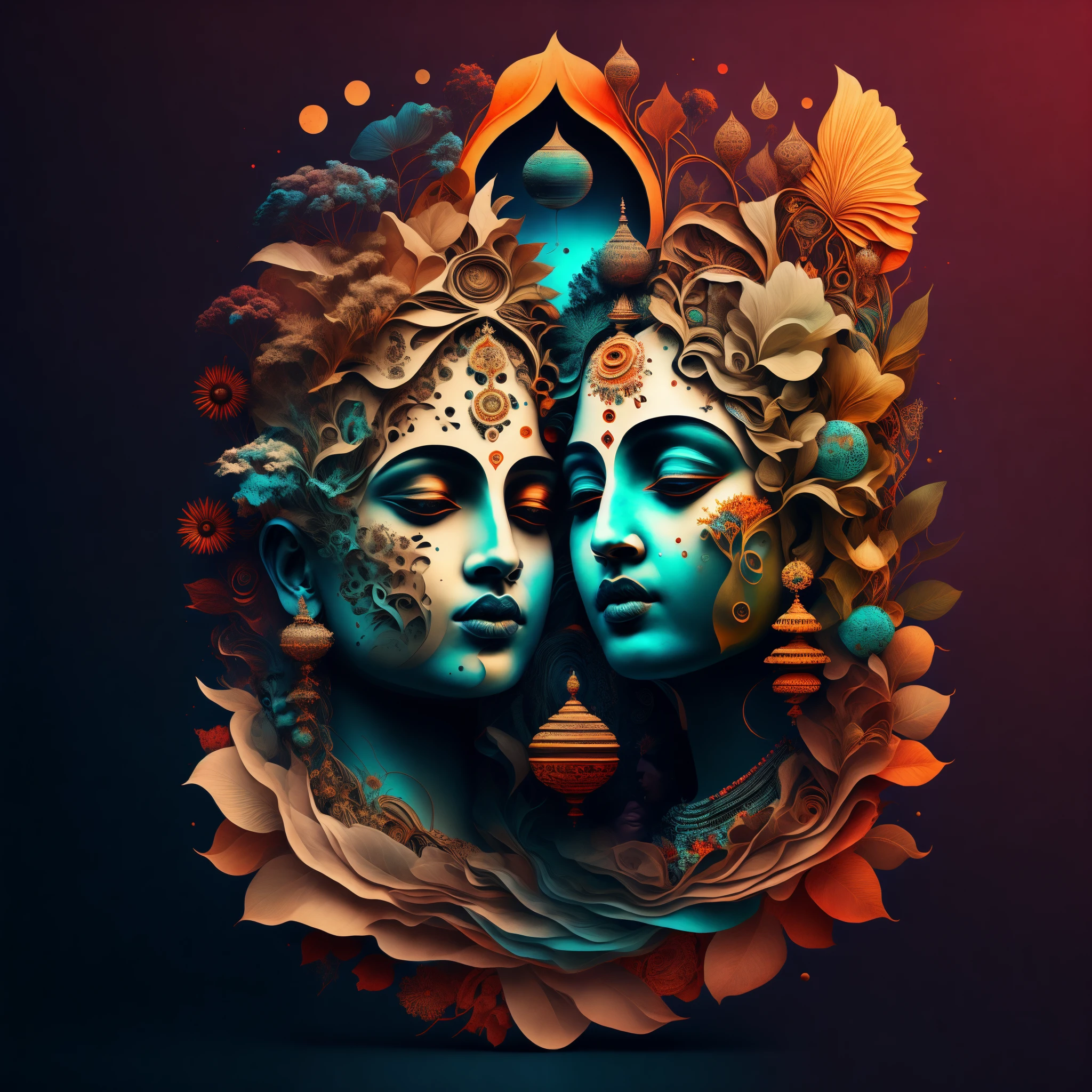 a stylized image of a Radha and Krishna with a lot of different things in it