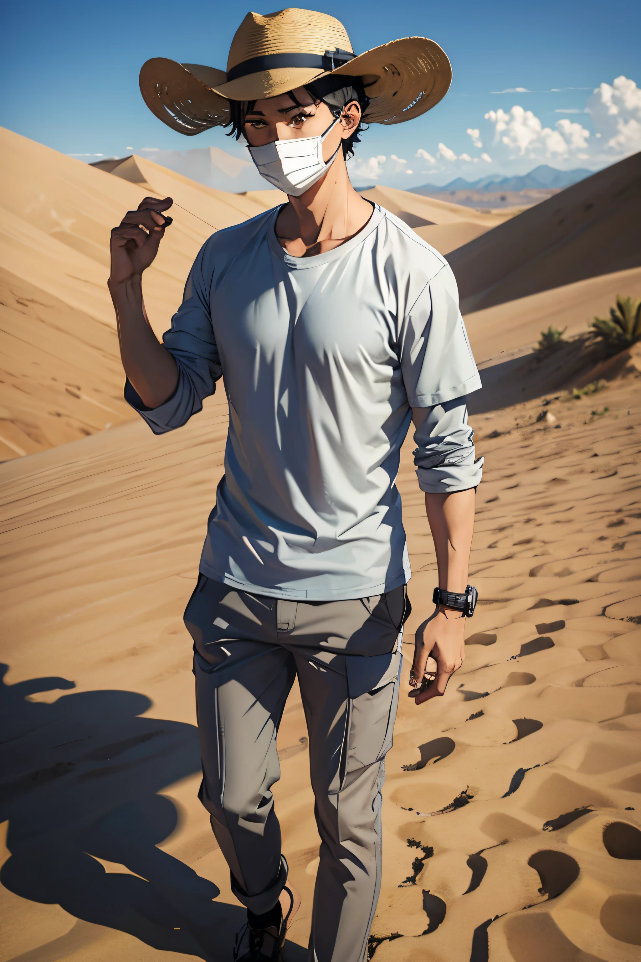 Anime Meng, gray shirt, modern panama, desert, sandstorm
