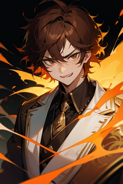 tmasterpiece, high high quality, hyper-detailing, jpn, schoolboy, 1 boy, Fiery, A defiant expression, A smug smile, Brown hair, Short hair details, messy hair