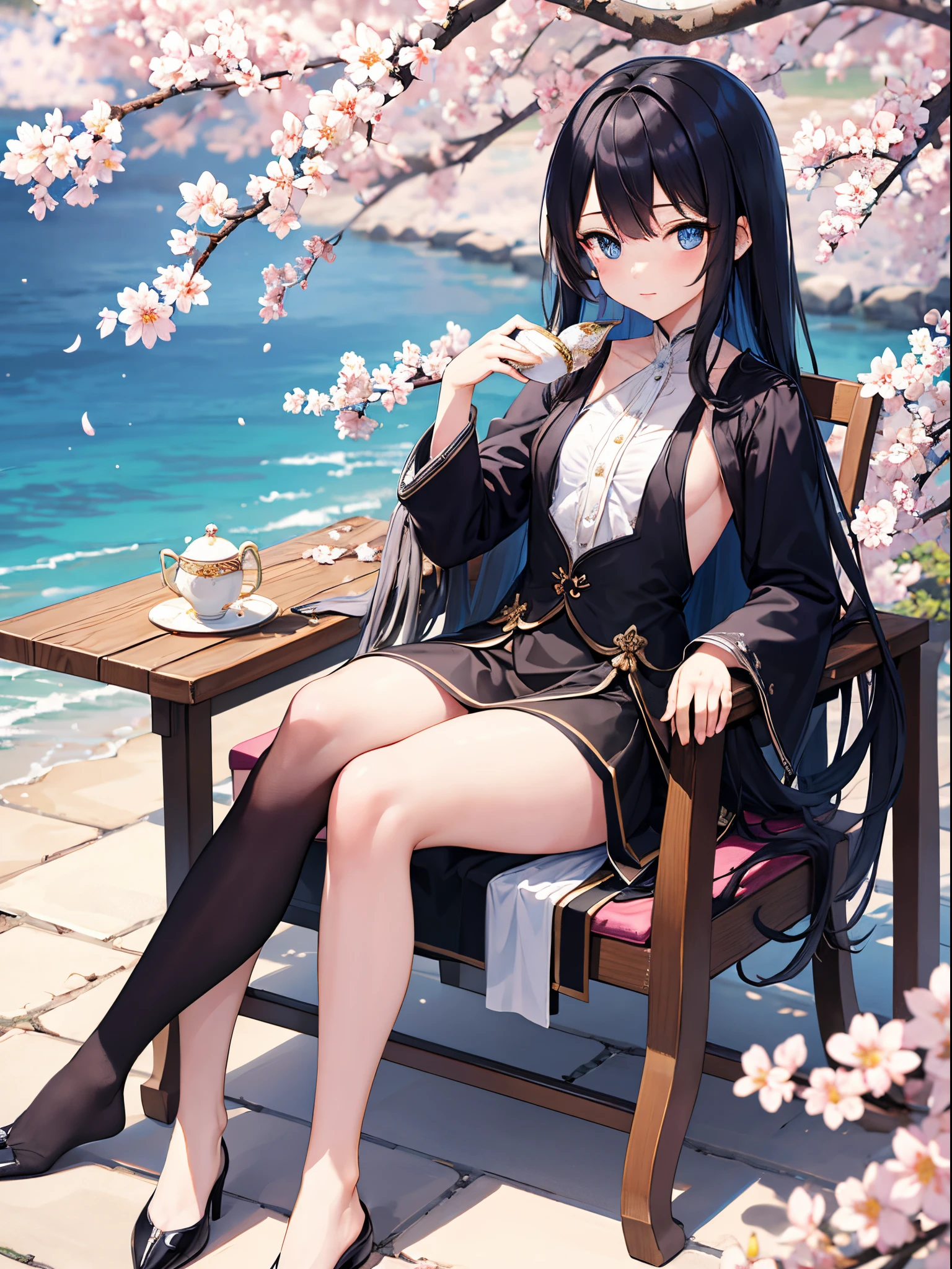 (tmasterpiece), Best quality at best, A high resolution, The very detailed, detailedbackground, perfect litthing, En plein air,Sakura blossoms,a beauty girl,black long straight hair,blue color eyes,silver high heeleautifullegs,White backless dresace expressionless,Sit in a chair and drink tea