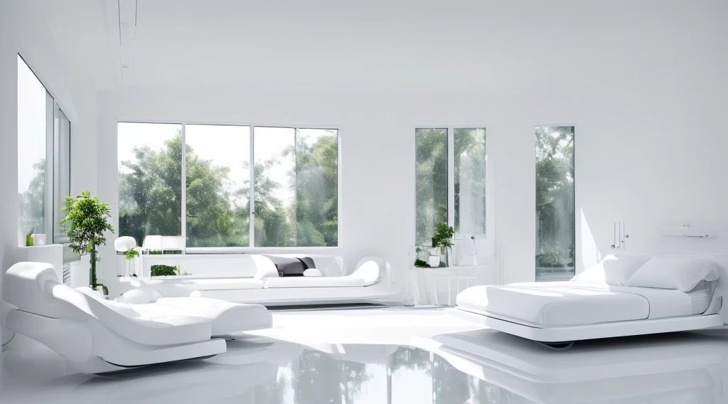 (Best quality at best, A high resolution, ultra - detailed:1.2), (((All white minimalist interior style，Integrated streamlined minimalist bionic shape)))，study bedroom, comfortable atmosphere, natural  lightting, Floor to ceiling bookshelves, comfortable reading sofa, minimalist, Peaceful atmosphere