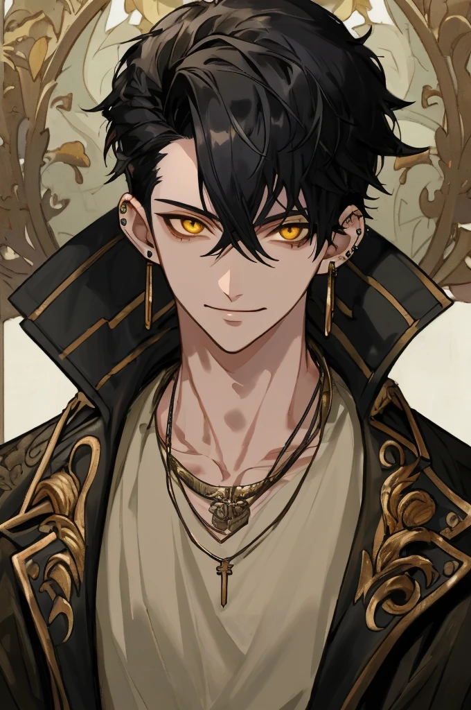 Masterpiece, absurdres, fine detail, HDR,
solo, looking at viewer, smile, shirt, black hair, 1boy, hair between eyes, jewelry, jacket, yellow eyes, upper body, male focus, earrings, necklace, ear piercing, FH