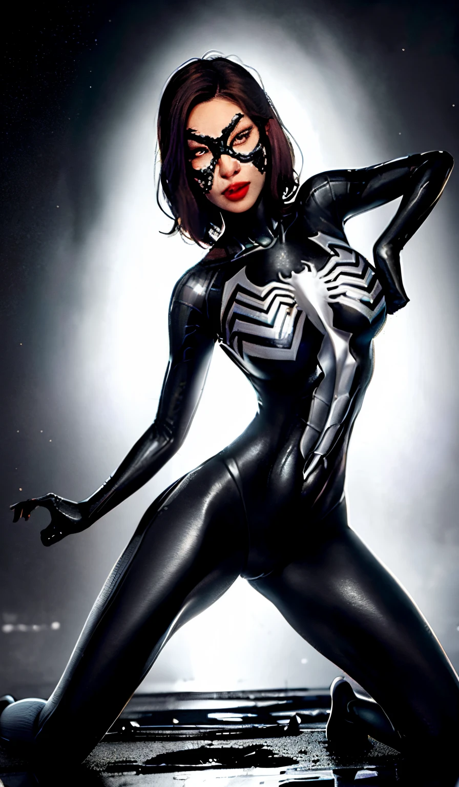 4K,realisticlying,Glamorous,The very detailed,There a girl in Dingcheng,Wearing a black Spider-Man costume,(Black and white:1.4) the night,symbiote,venomize,a large amount of mucus,she a spiderman,Black superhero theme,In front of the sky,Flushed complexion,( Open legs, camel-toe,Vulvar shape:1.3)(GGCameltoe:1.3)Legs apart,25 age old,full bodyesbian