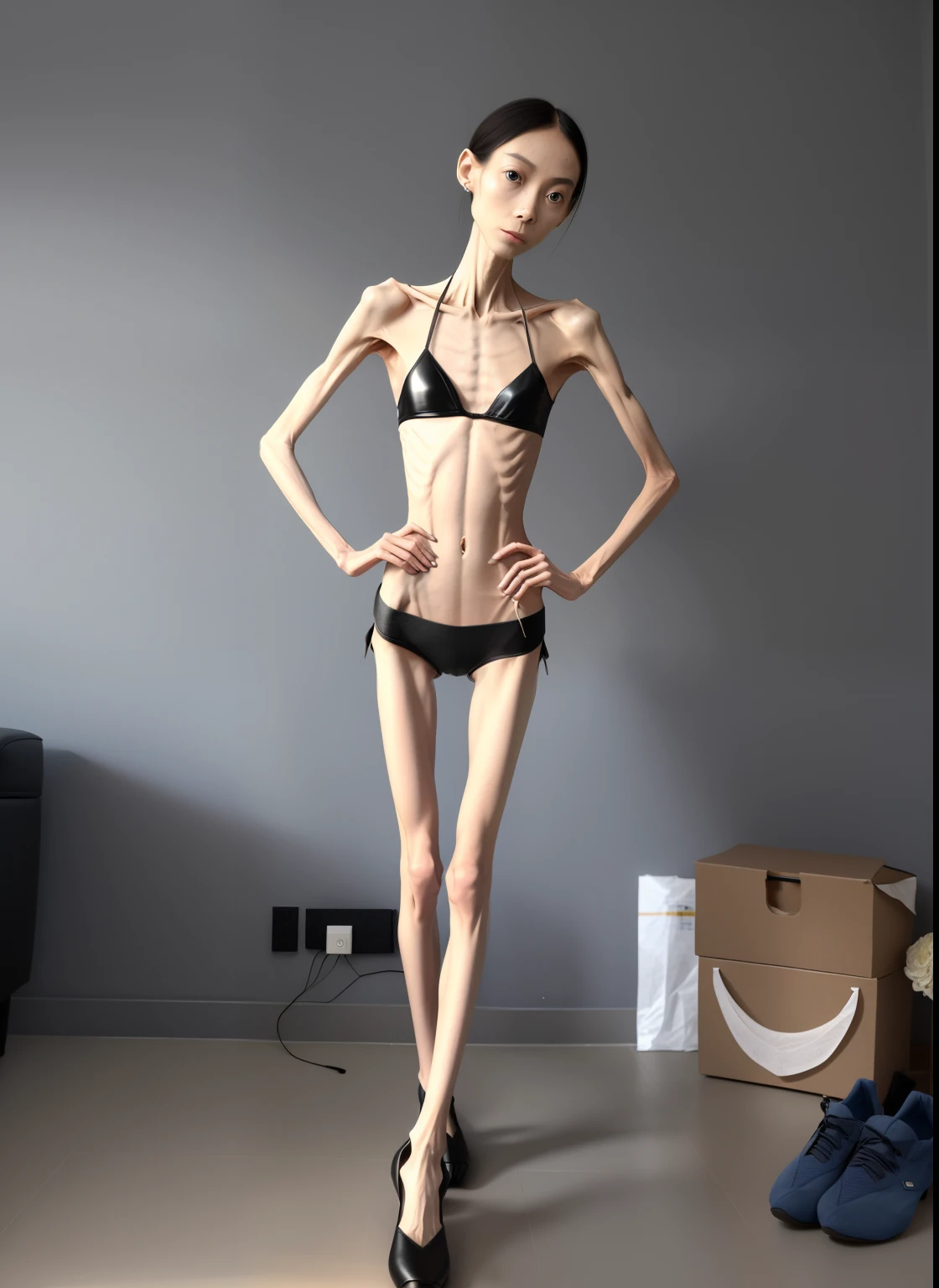 very thin woman，The body  very thin，Protruding sternum，The sternum  distinct，The waist  very thin，The ribs are noticeable，Protruding ribs，The pelvic protrusion  very obvious，Clear outline of pelvis，The  protrudes，thin shoulde，The waist  very thin，Sunken abdomen，Abdominal muscle atrophy，Delicate arms，arm muscle atrophy，slender thigh，Knees are obviously protruding，Ankle bulges，The ankle bones are obvious，The leg bones are obvious，leg muscle atrophy，anorexia，Asia face，Wear tight leather pants，Wear slippers，Significant atrophy of dorsalis pedis musclelack-skinned，Haggard expression，Excessive weight loss，Girl's face，Severe malnutrition，Body as thin as a skeleton