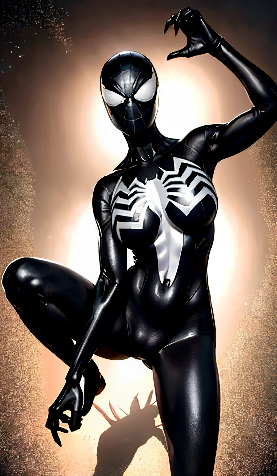 4K,realisticlying,Glamorous,The very detailed,There a girl in Dingcheng,Wearing a black Spider-Man costume,(Black and white:1.4) the night,symbiote,venomize,a large amount of mucus,she a spiderman,Black superhero theme,In front of the sky,Flushed complexion,( Open legs, camel-toe,Vulvar shape:1.3)(GGCameltoe:1.3)Legs apart,25 age old,full bodyesbian