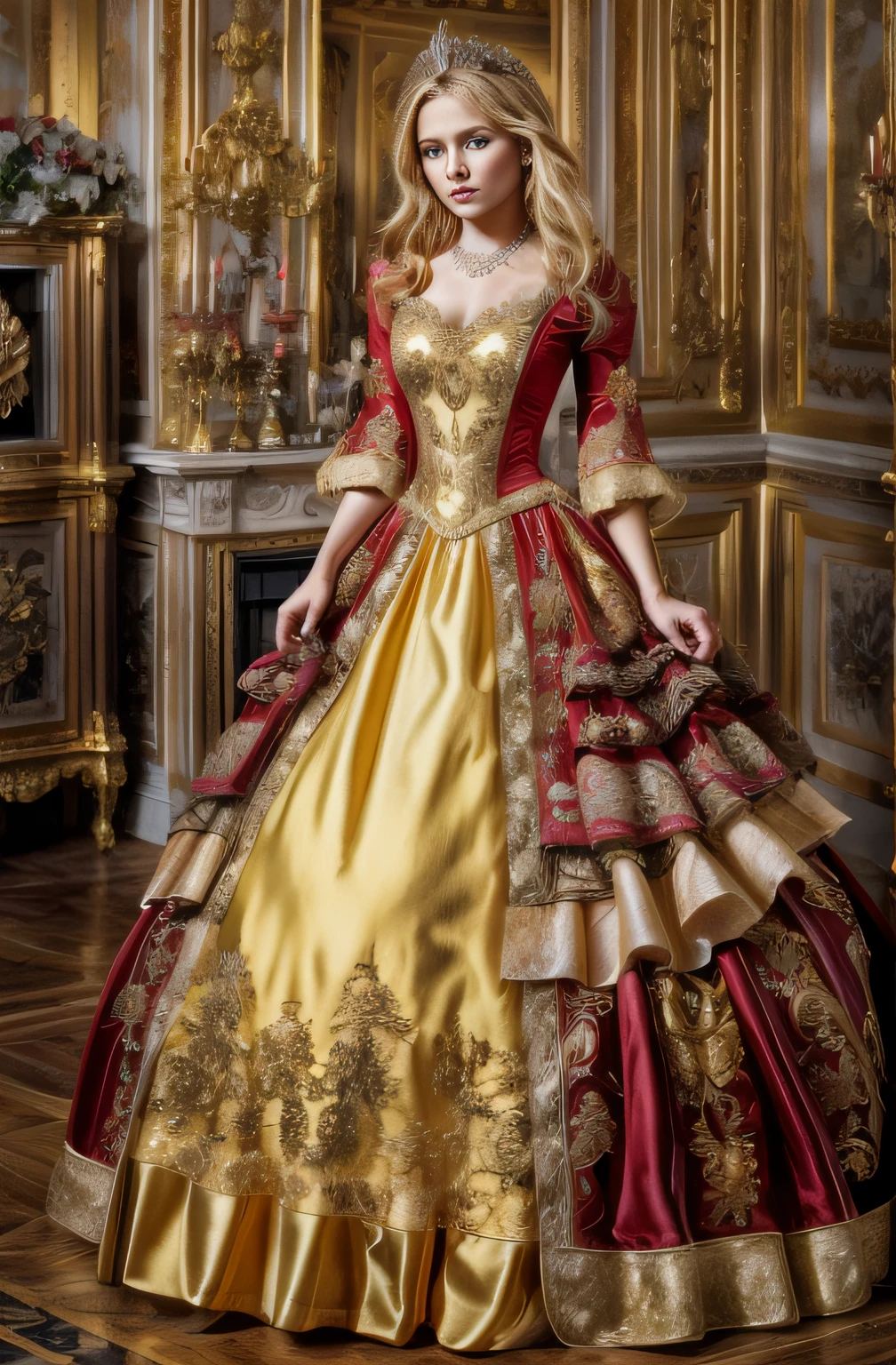 ((topquality, tmasterpiece, photorealestic:1.4, 8K)), A young woman, a beaut, Beautiful facial expression, blonde woman, ((long luxurious blonde hair)), Extremely detailed eyes and face, golden facial proportions, Golden proportions of the body, Correct anatomy, Beautiful hands, Straight fingers, Luxurious dress with gold embroidery in medieval European style., diadem on the head), Red dress, Luxury accessories,(The woman, walk along the corridor of a European-style castle, luxury interior, Employed, Cinematic lighting, Textured skin, higly detailed,hiquality,hight resolution, looking a viewer, Elegant smile, shapely body, European type of appearance