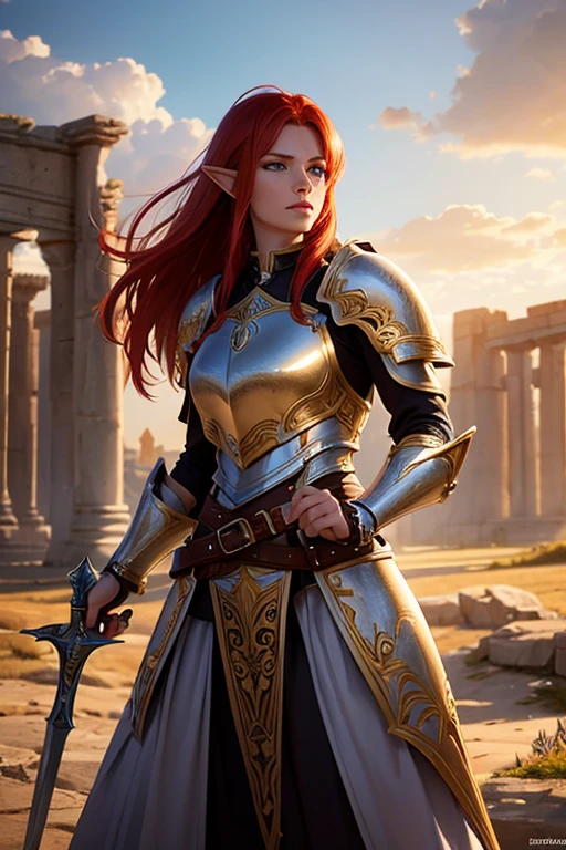 A redhead elf woman paladin in full plate armor, (best quality, realistic:1.37), vibrant colors, glowing enchanted sword, intricate armor details, majestic pose, golden sunlight, ancient ruins, mystical aura, fantasy setting, portrait.