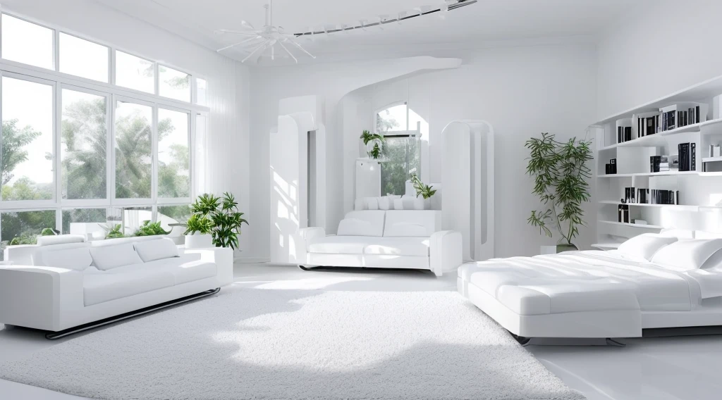 (Best quality, A high resolution, ultra - detailed:1.2), (((All white minimalist interior style，Integrated neat and streamlined  bionic shape)))，Light blue and white study bedroom, comfortable atmosphere, natural  lightting, Floor to ceiling bookshelves, comfortable reading sofa, minimalist, peaceful atmosphere