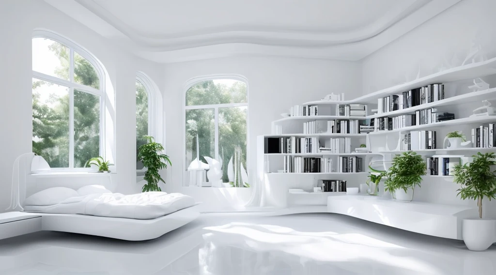 (Best quality, A high resolution, ultra - detailed:1.2), (((All white minimalist interior style,Integrated neat and streamlined bionic shape))),Light blue and white study bedroom, comfortable atmosphere, natural lightting, Floor to ceiling bookshelves, comfortable reading sofa, minimalist, peaceful atmosphere