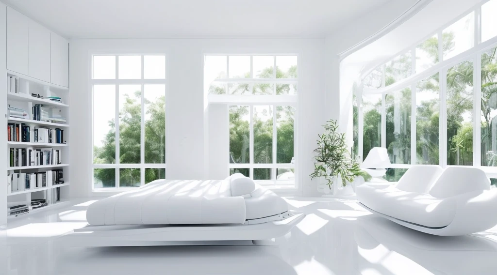 (Best quality, A high resolution, ultra - detailed:1.2), (((All white minimalist interior style，Integrated neat and streamlined  bionic shape)))，Light blue and white study bedroom, comfortable atmosphere, natural  lightting, Floor to ceiling bookshelves, comfortable reading sofa, minimalist, peaceful atmosphere