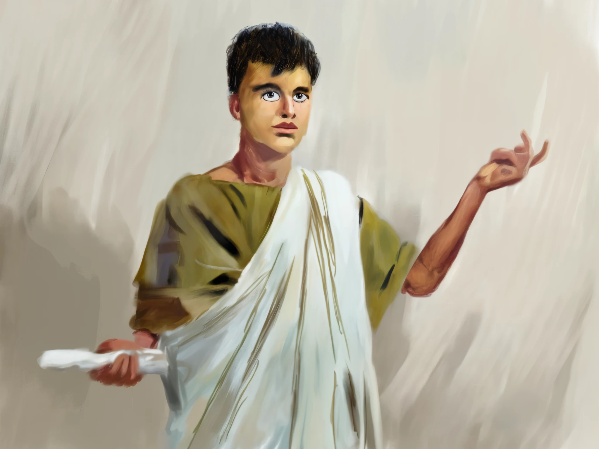 painting of a man in a white robe holding a white object, ancient rome man, sneering roman legioneer, inspired by Pogus Caesar, inspired by Roman Bezpalkiv, inspired by Pietro Testa, inspired by Augustus Dunbier, roman toga, inspired by Caesar Andrade Faini, inspired by Romano Vio