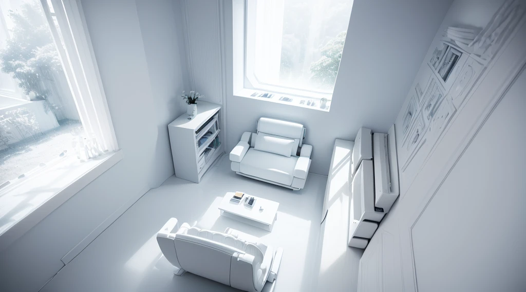 (Best quality at best, A high resolution, ultra - detailed:1.2), (((All white minimalist interior style，Integrated  streamlined bionic shape)))，Light blue and white study bedroom, comfortable atmosphere, natural  lightting, Floor to ceiling bookshelves, comfortable reading sofa, minimalist, Peaceful atmosphere
