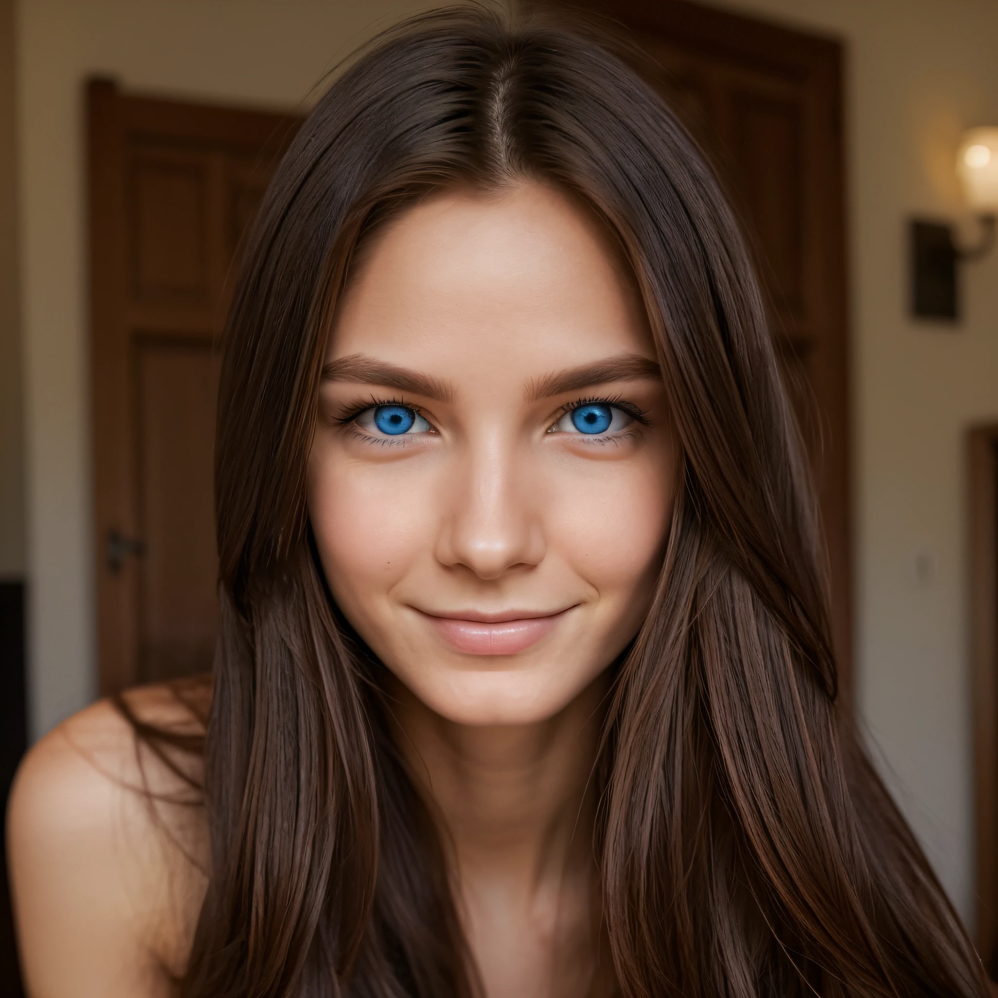 A photo realistic, ultra definition, absolutely gorgeous bright blue eyes, small dimples, perfect face, full face photo, seductive looking, light smile, long hair, perfect nose, very very seductive look