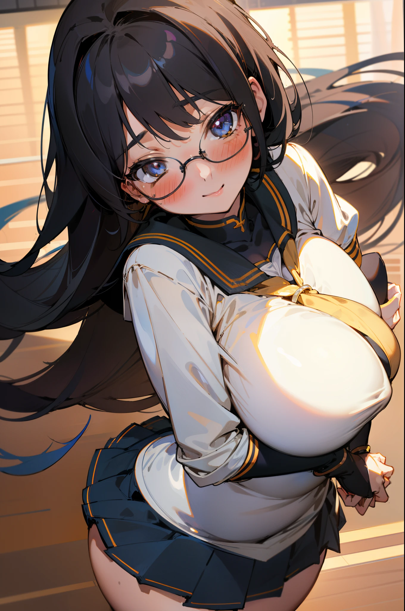 (1girl:1.4) beautiful, perfect eyes, perfect face, perfect lighting, 1girl, long black hair, (large breasts:1.5) wide hips, schoolgirl sailor uniform, shy smile, thick round glasses, cheeks blushing, absurdres, [perfect shadows and lighting] detailed background, incredible high-key lighting, rich colors, school hallway background, accurate, anatomically correct (masterpiece:1.3) ultra detailed illustration, (best quality:1.3), textured skin, high details, award winning, highres, UHD, UHD, UHD, UHD, UHD, award winning, highres