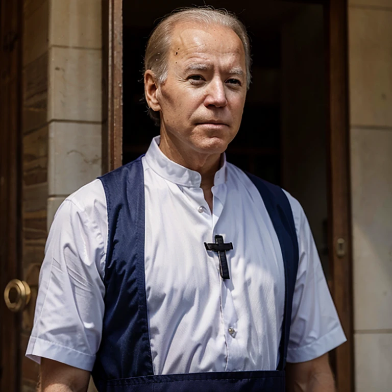 Joe Biden dressed as a catholic priest saying “all is forgiven”