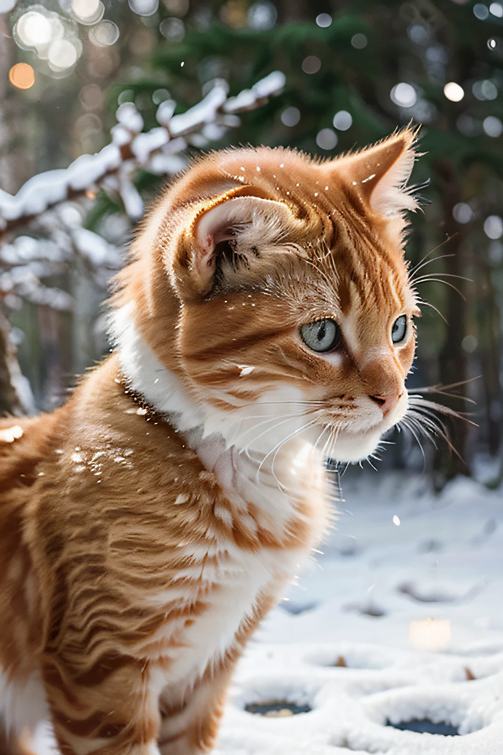 Delicate watercolor, sketch, beautiful picture : cute ginger kitty, squinted eyes, side view, enjoying life, snow falling, small snowflakes visible, Christmas tree, forest, winter, new year, hyperrealism, aesthetic, soft lighting, ISO 200, 64k, professional photo