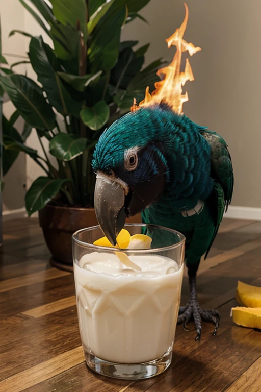 I want an ultra realistic parrot drinking milk with the Brazilian flag on fire right behind it