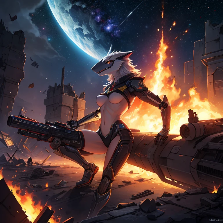 solo female, furry, metallic, robotic, shiny, anthro, sergal , young, short height, small breasts, thin body, legs spread, warrior , holding blaster gun burning open field, crashed ship, fighting, destroyed buildings, war, lude, stars, science fiction, galaxies, dusk, sexy, masterpiece, high quality,