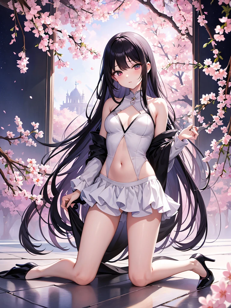 (tmasterpiece), Best quality at best, A high resolution, Very meticulous, detailedbackground, perfect litthing, External,Sakura blossoms，A beautyful girl，black long straight hair，silver high heels，swim wearlue color eyeeautiful legs，Kneel on the flooce expressionless，